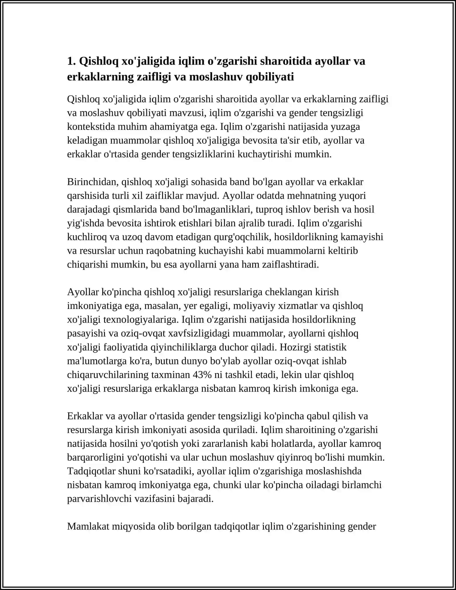 IQLIM OʻZGARISHI VA GENDER TENGSIZLIGI: QISHLOQ XOʻJALIGI SOHASIDAGI TADQIQOT 3