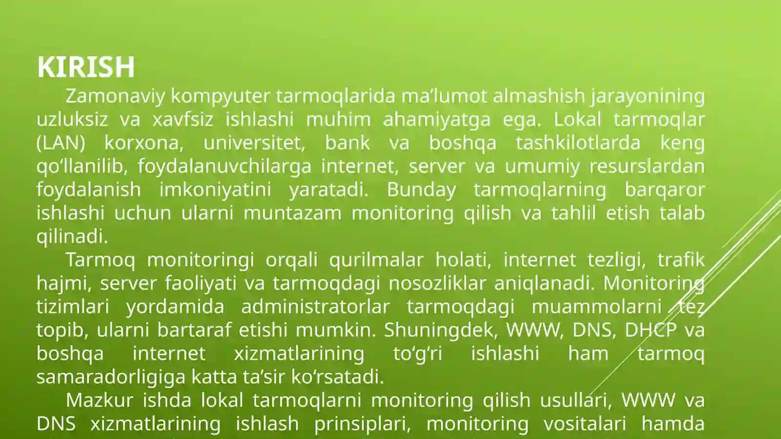 Lokal tarmoqlarni monitoring va tahlil qilish.  WWW, DNS va boshqa xizmatlar 3