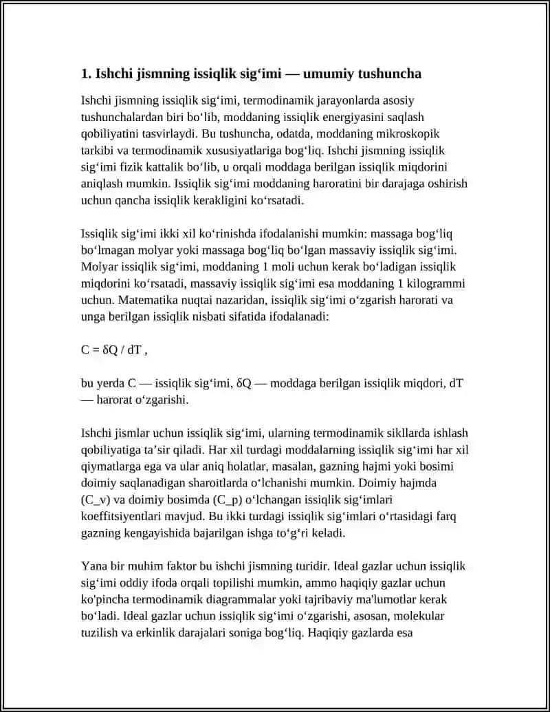 ISHCHI JISMNING ISSIQLIK SIGʻIMI, TERMODINAMIK SIKLARI 3