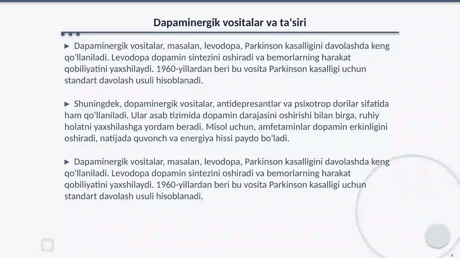 Dapamin va dapaminergik vositalar. Serotonin va serotonergik vositalar 3