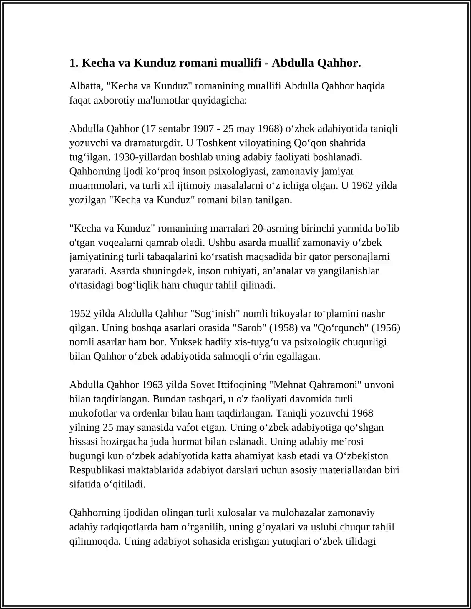 "KECHA VA KUNDUZ" ROMANIDA DAVR VA QAHRAMON TALQINI 3