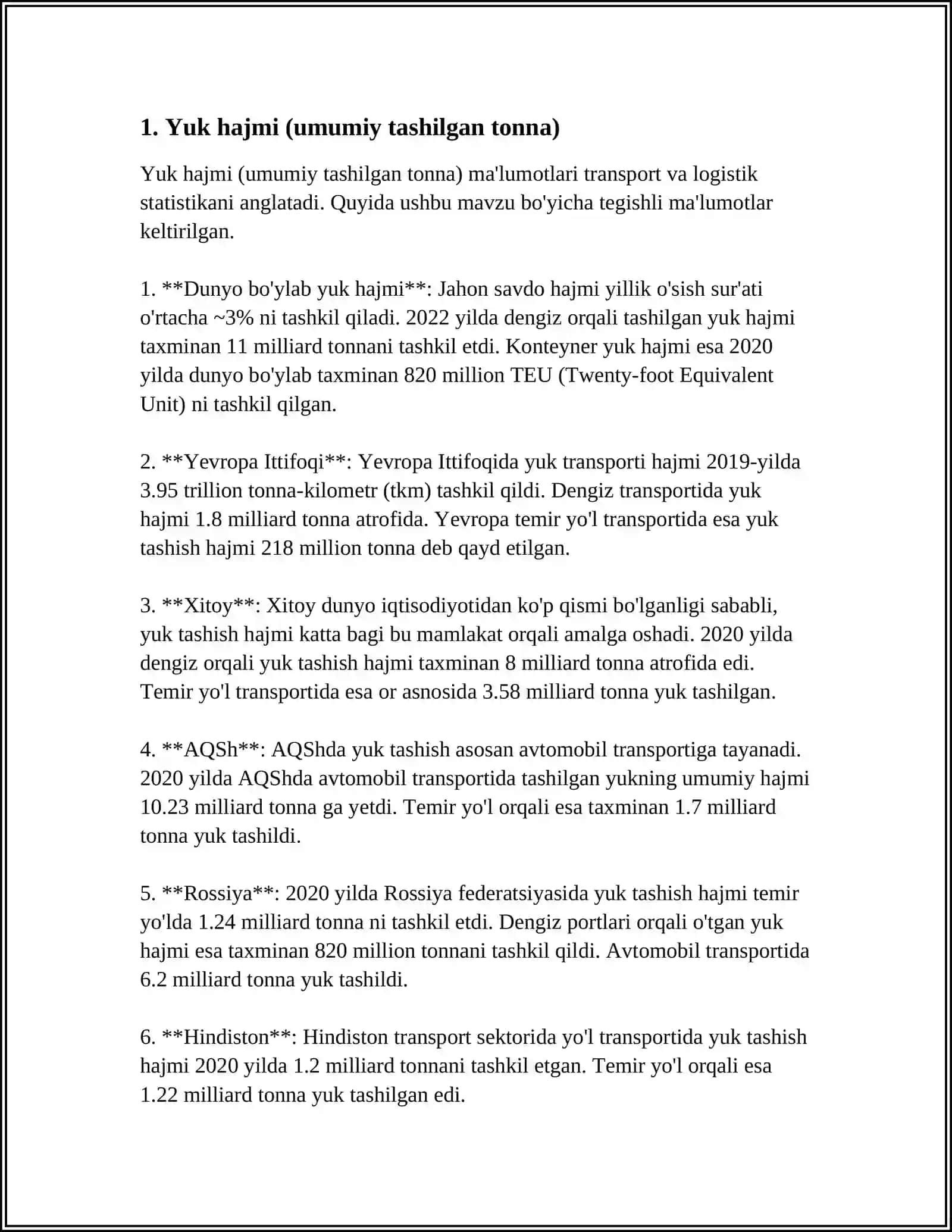 TRANSPORT HARAKATINI TAVSIFLOVCHI ASOSIY KO‘RSATKICHLAR 3