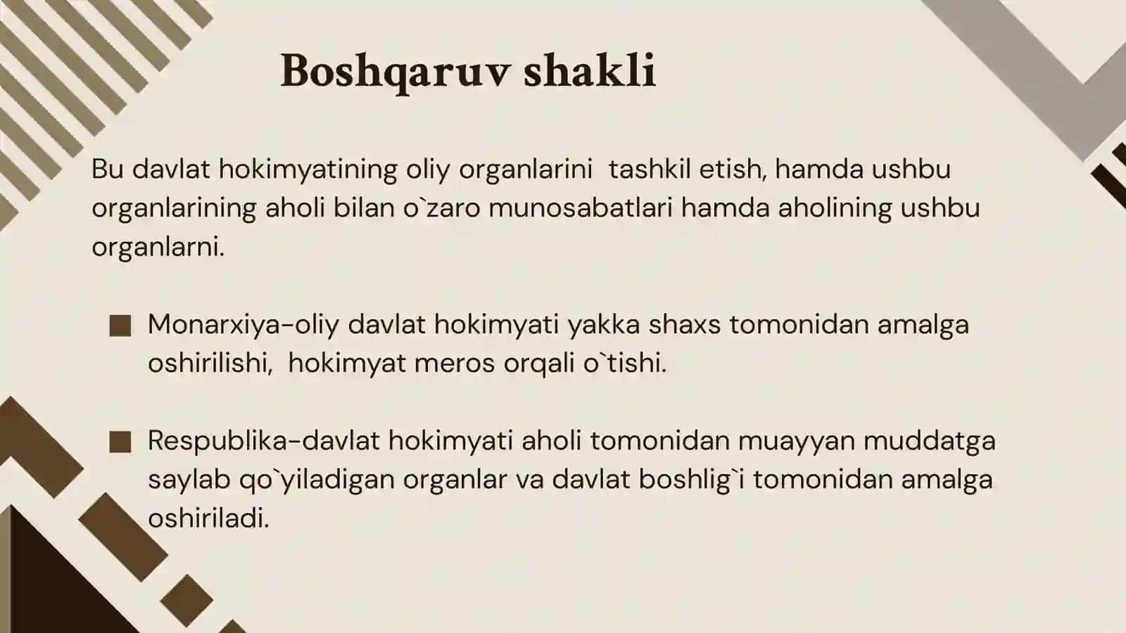Davlat shakli uning rivojlanishi va o`zgarishiga ta`sir etuvchi omillarni amaliy misollar bilan tushuntiring 3