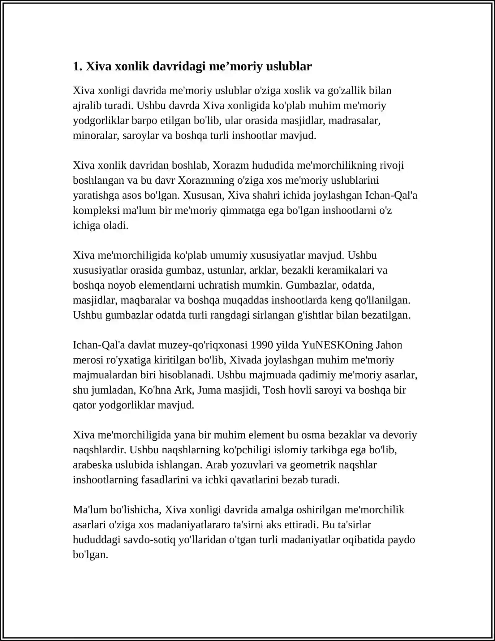 XIVA XONLIGIDA BUNYOD ETILGAN MEʼMORIY YODGORLIKLARDAGI NAQSHLAR VA TASVIRLARNING NAFISLIGI OʻZIGA XOS XUSUSIYATLARI 3