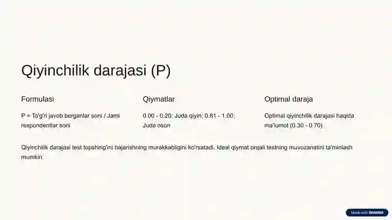 Test topshiriqlarining qiyinchilik darajasi, diskriminatsiya indeksi va distraktorlar tahlili 3