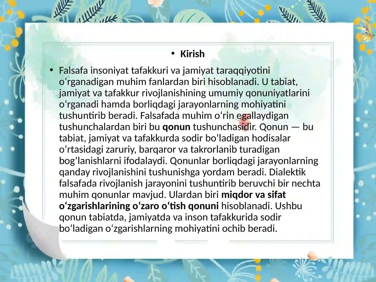 Qonun tushunchasi va miqdor hamda sifatning o‘zaro o‘tish qonuni. 3