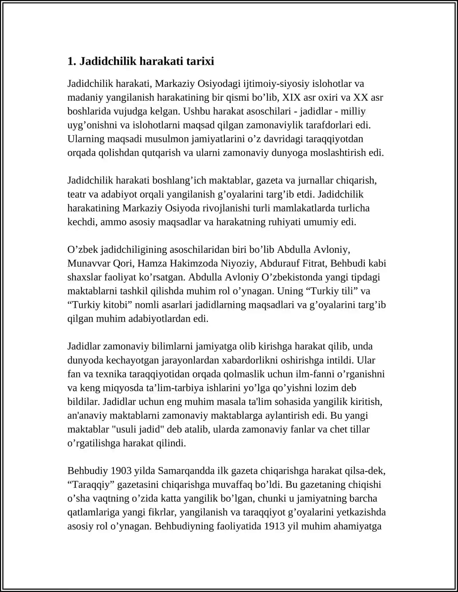 JADID MAʼRIFATPARVARLARINING OʻLKA IJTIMOIY MANAVIY HAYOTIDA TUTGAN OʻRNI (MUNAVVAR QORI FITRAT BEHBUDIY AVLONIY VA BOSHQALAR) 3