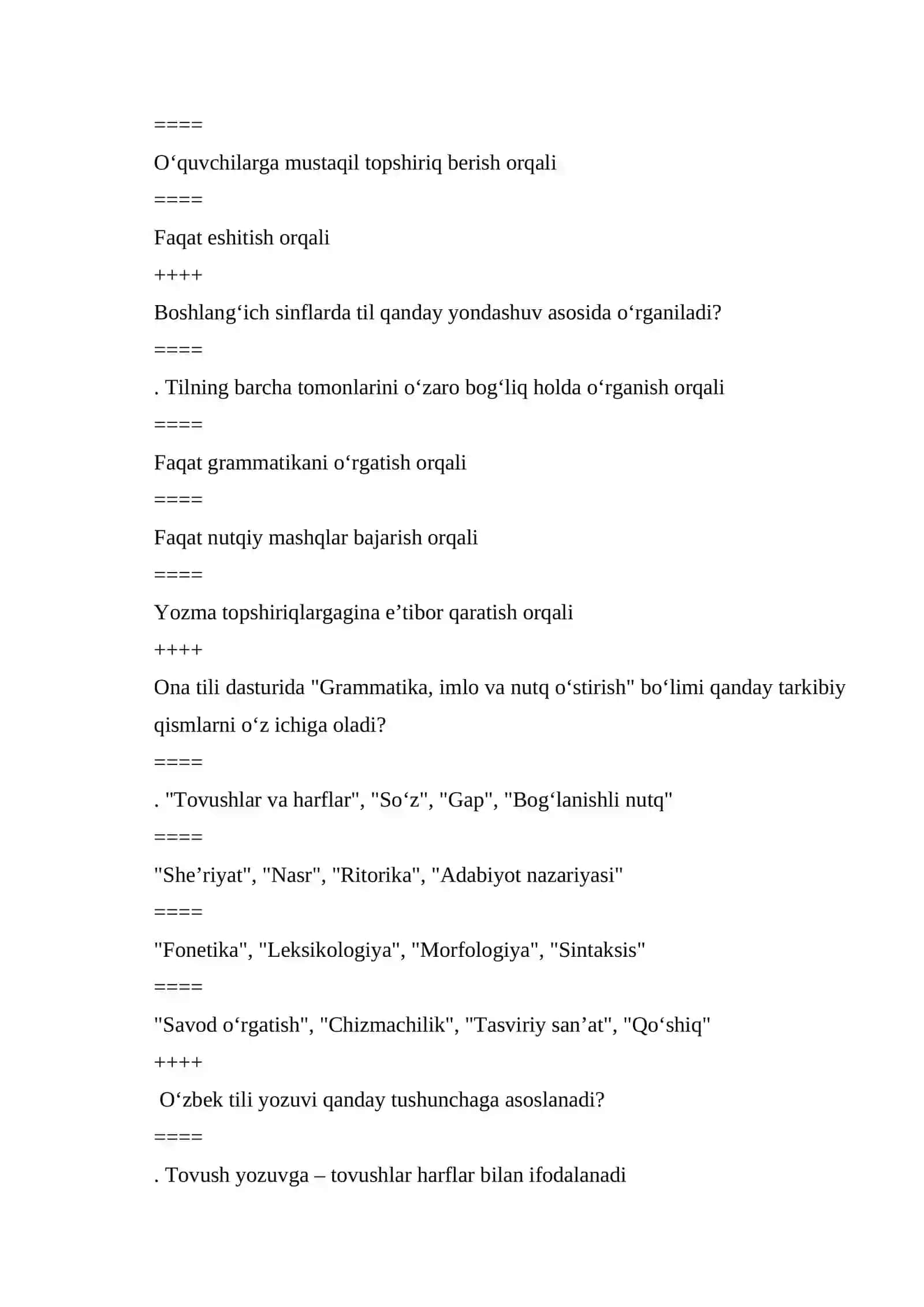 Boshlang‘ich ta’limda “Ona tili” va “O‘qish” darsliklari mazmuni fanidan oraliq va yakuniy nazorat TEST savollari 3