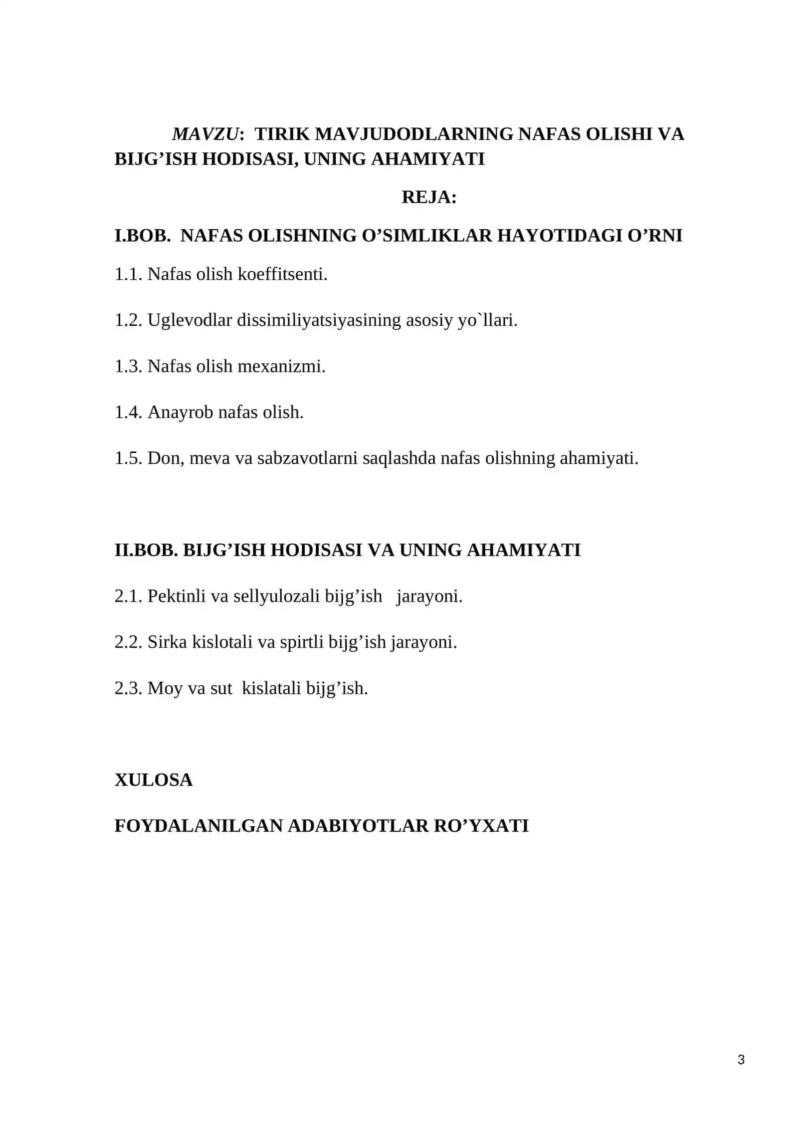 Tirik organizmlarda nafas olish va bijg’ish hodisasi, uning ahamiyati kurs ishi 3