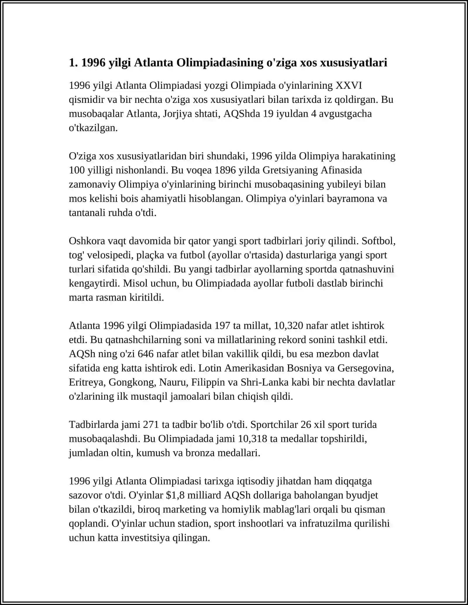 OLIMPIADA OʻYINLARINING XUSUSIYATLARI 1996YILDAN XOZIRGI KUNGACHA 3