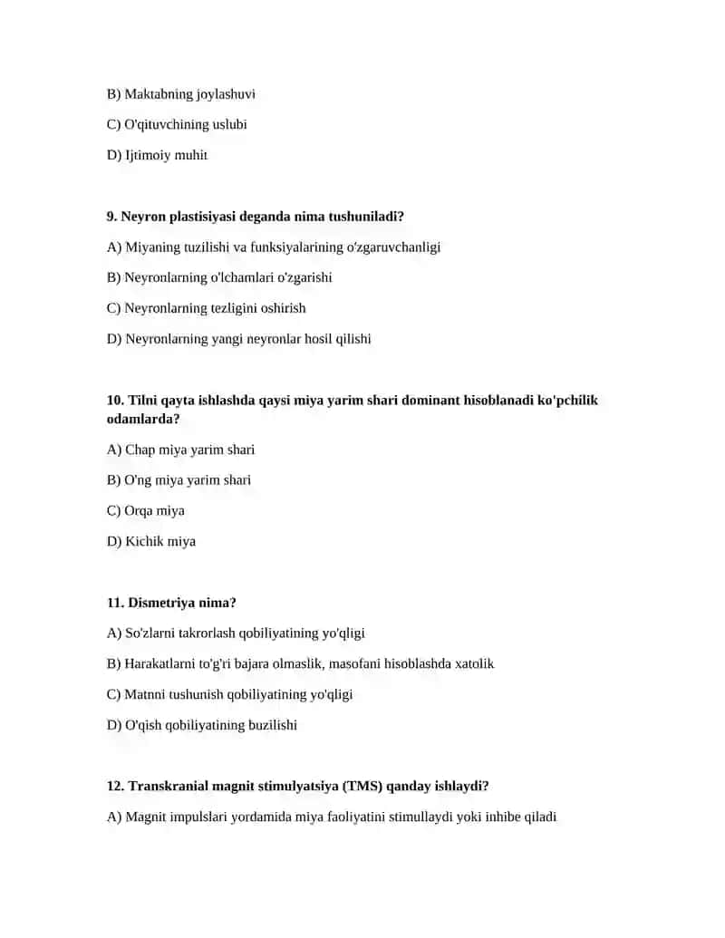 Neyrolingvistika test javoblari 3