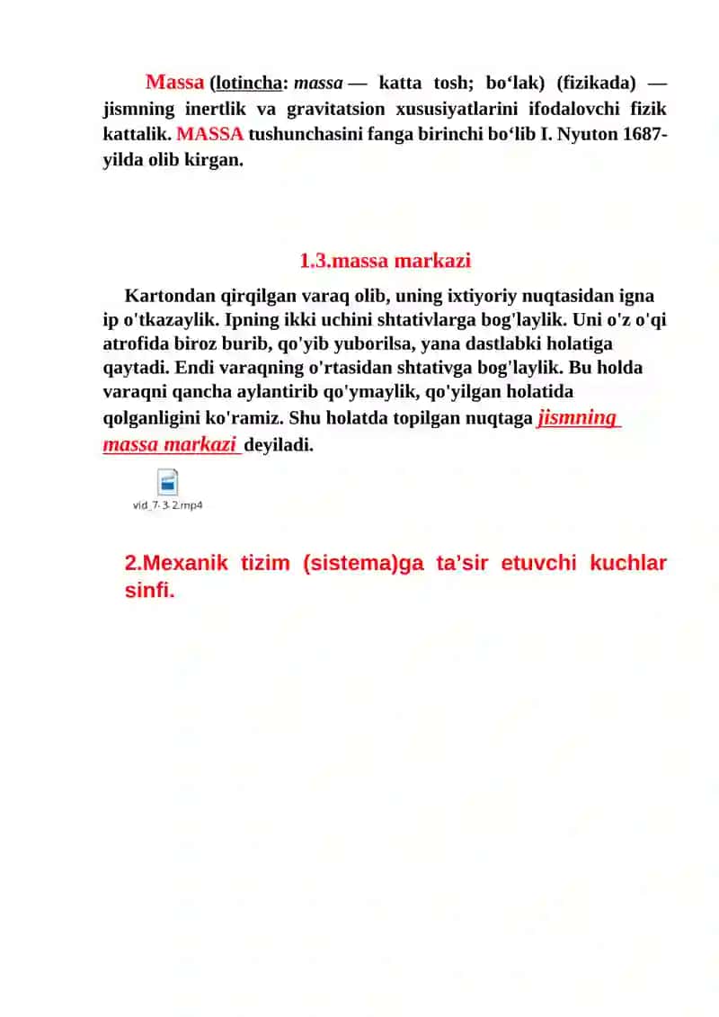 Mexanik tizimlar (sistemalar) dinamikasiga kirish. Inersiya momenti. 3