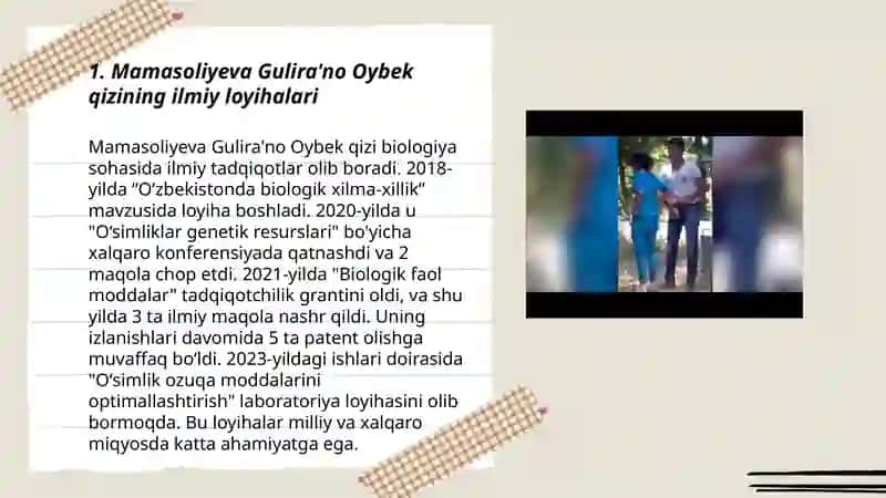 Mamasoliyeva Gulira'no Oybek qizining ilmiy loyihalari 3