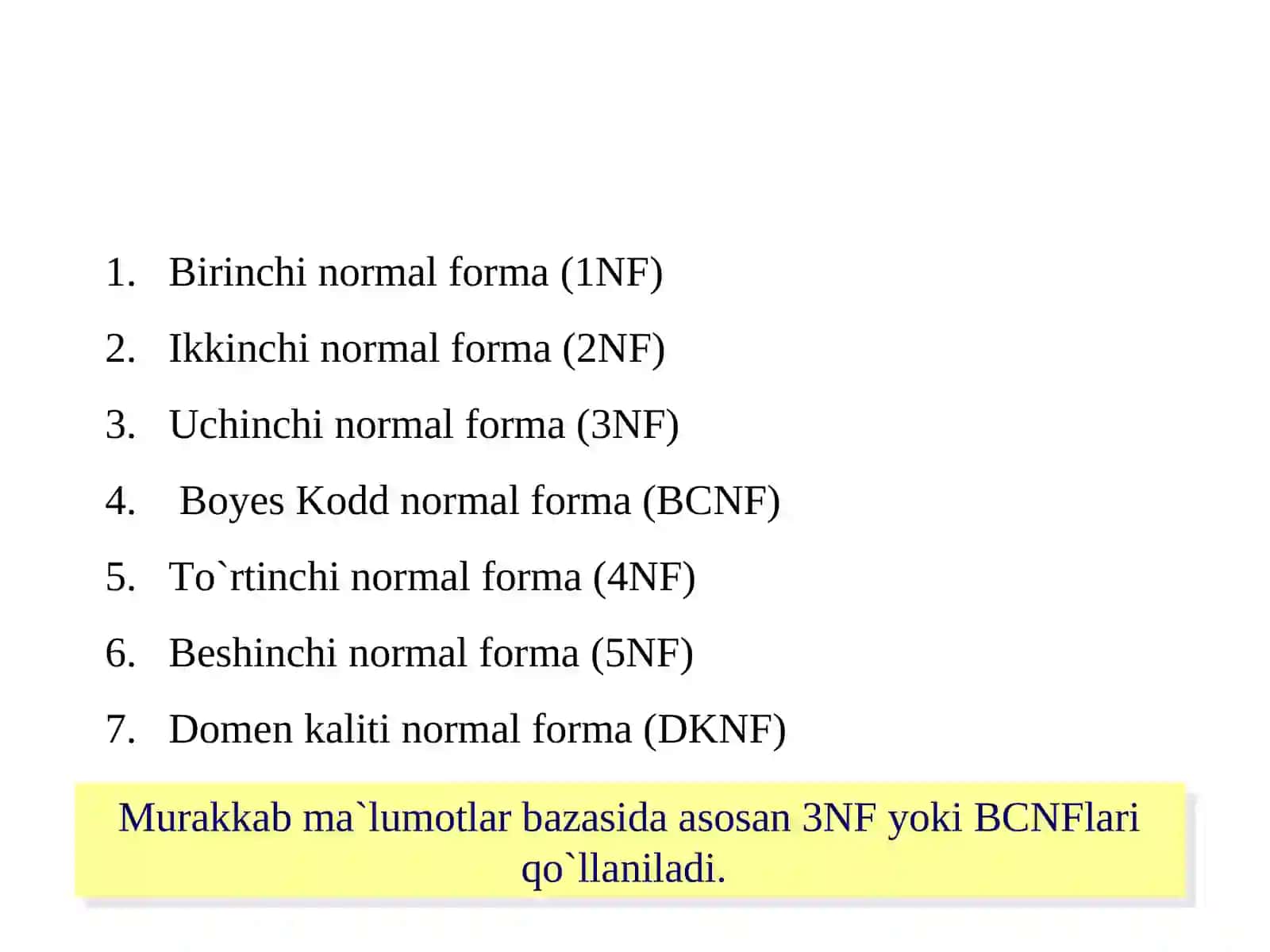 Ma’lumotlar bazasini normallashtirish. 1NF, 2NF, 3NF va Kod normal formalari 3