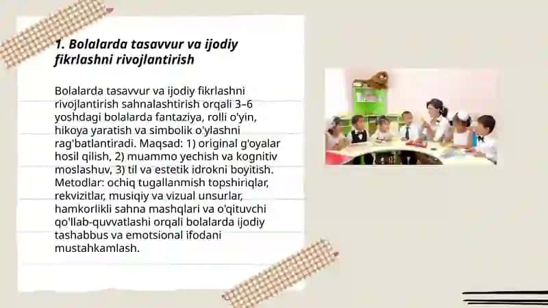 Maktabgacha talim tashkilotida sahnalashtirish faoliyatining asosiy maqsadi 3