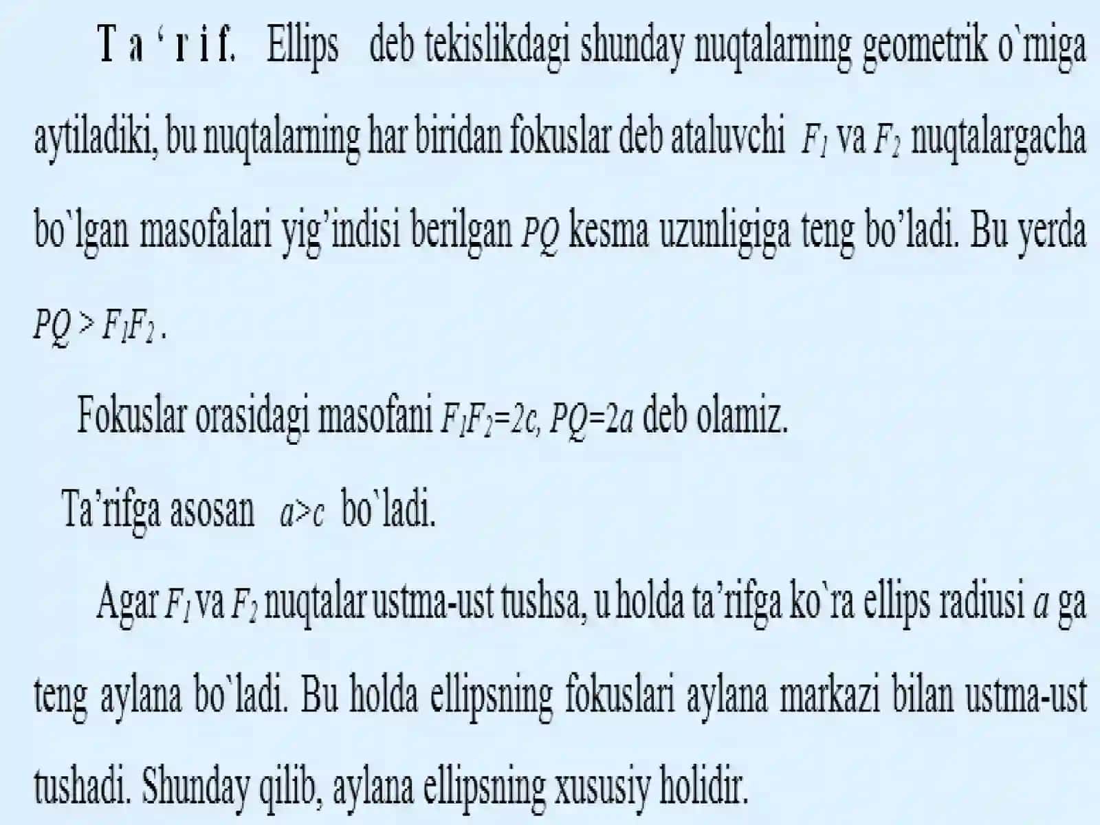 ELLIPS TA’RIFI. KANONIK TENGLAMASI XOSSALARI 3