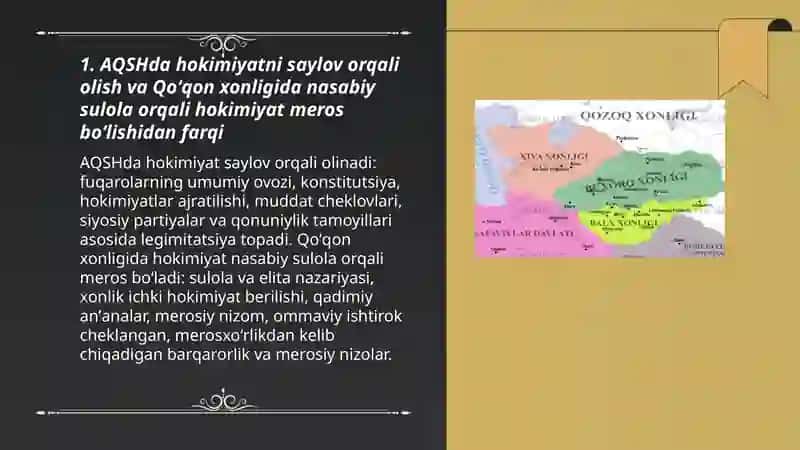 Oʻrta asrlarda AQSH, Angliya, Fransiya, Rassiya davlat boshqaruvining Qoʻqon xonligi davlat boshqaruvidan farqi 3