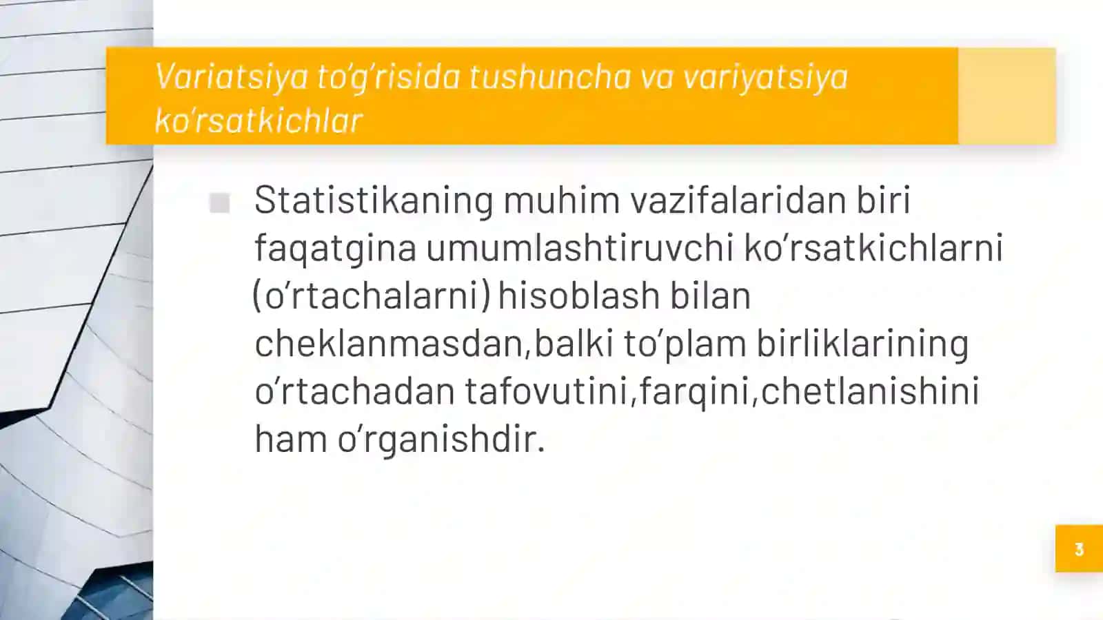 Statistikada variatsiyani baholash usullari va dispersion tahlil asoslari 3