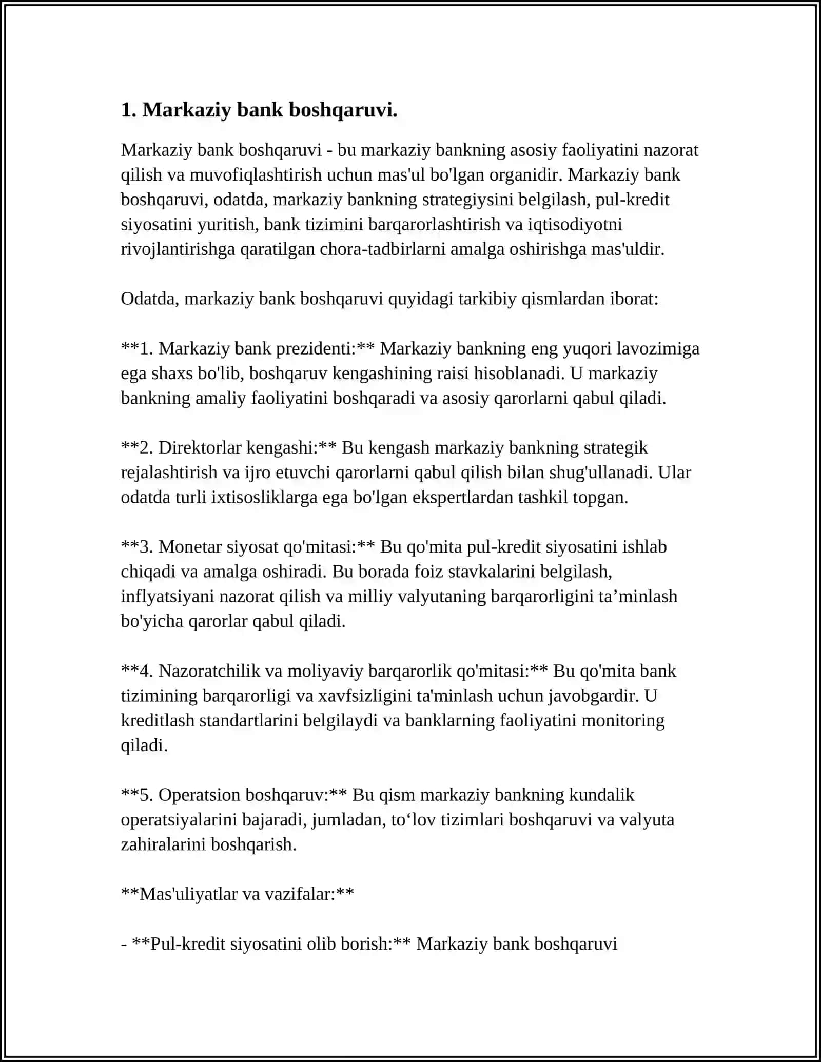 MUSTAQIL ISH Mavzu: MARKAZIY BANKNING TASHKILIY TUZILMASI 3
