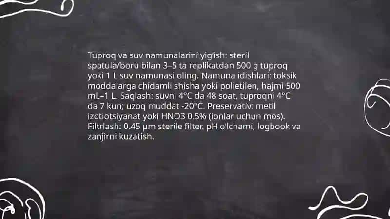 Tuproq va suvning ifloslanishida ion bogʻlanishli birikmalarni aniqlab ulardan tozalash uslini ishlab chiqish 3