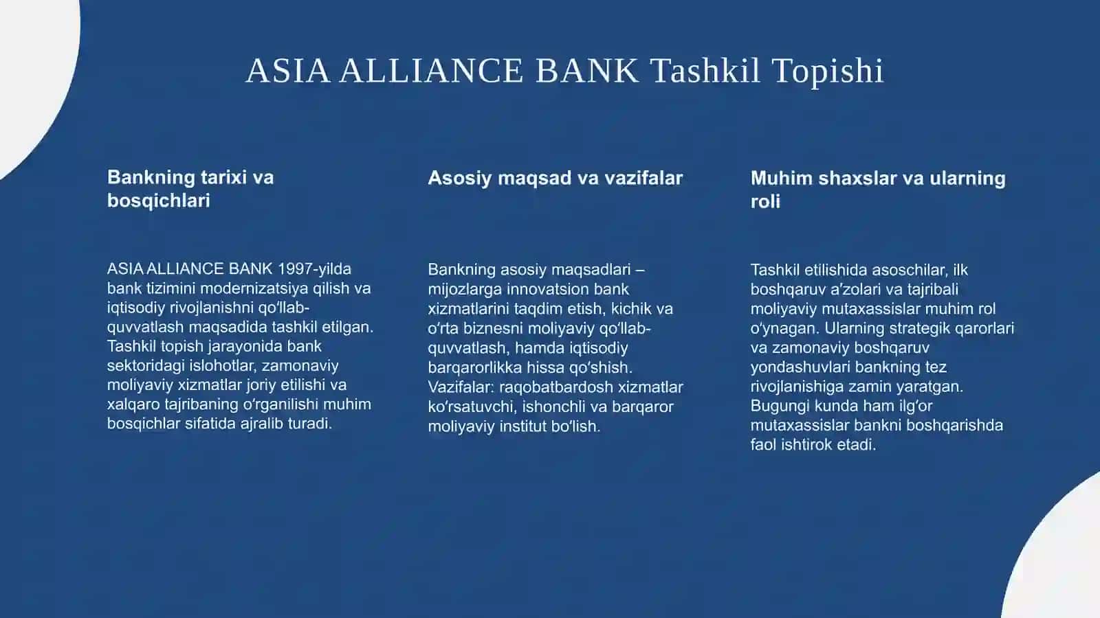 ASIA ALLIANCE BANK tashkil topishi va asosiy faoliyat yo'nalishlari 3