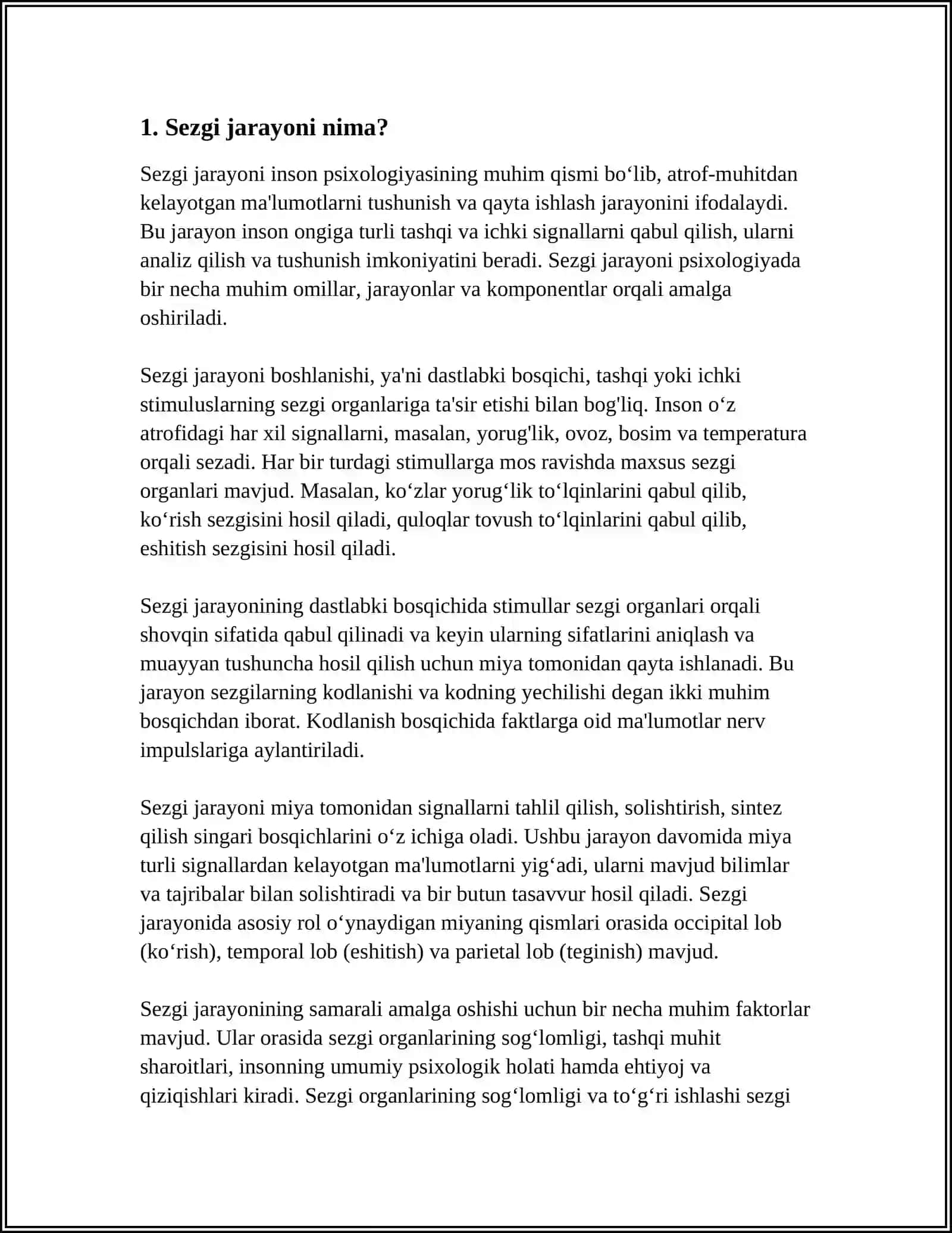 SEZGI JARAYONI HAQIDA TUSHUNCHA. SEZGI XUSUSIYATLARI VA TURLARI 3