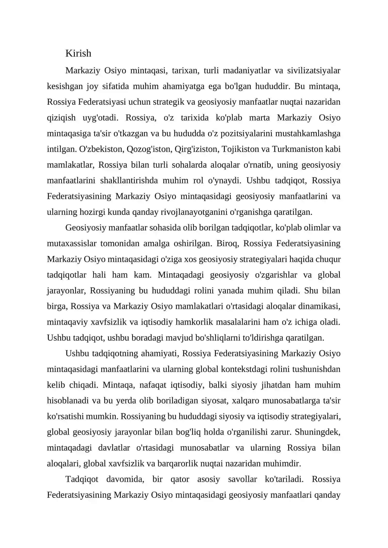 ROSSIYA FEDERATSIYASINING MARKAZIY OSIYO MINTAQASIDAGI GEOSIYOSIY MANFAATLARI 3