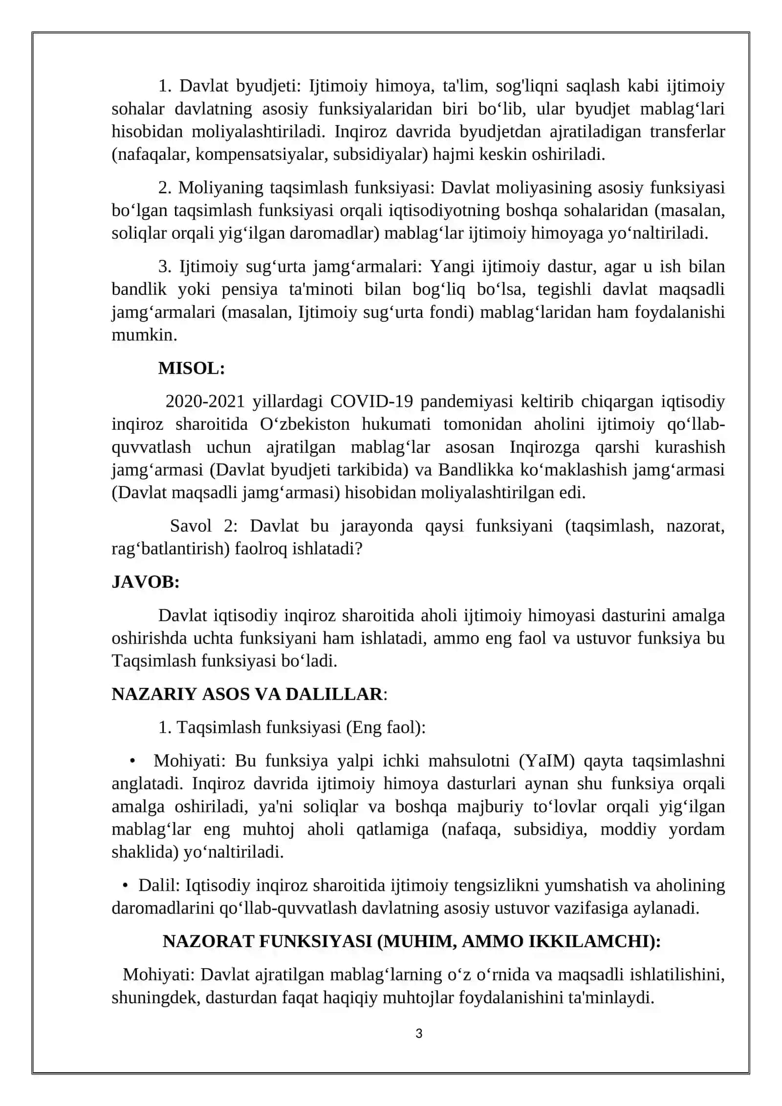 Davlat va moliya munosabati: Iqtisodiy inqiroz sharoitida ijtimoiy himoya dasturlarini moliyalashtirish mexanizmlari 3