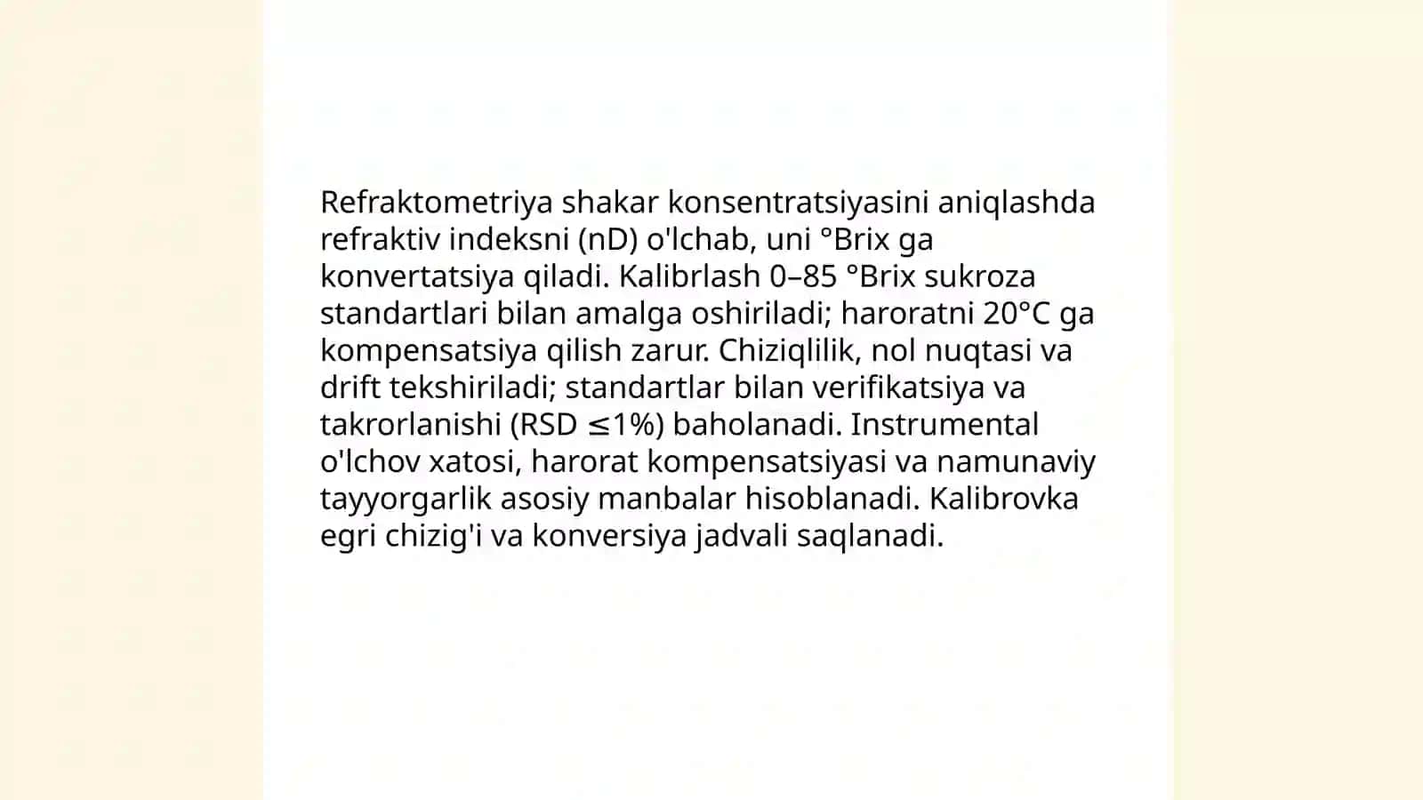 Refraktometriya, polyarametriya, fluorometriya, spektroskopiya ultra binafsha va kurish sohalari, infraqizil yutilish spektroskopiya usullari bilan oziq-ovqat mahsulotlarini sifatini aniqlash. 3