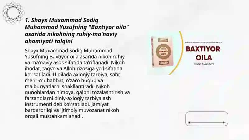 Shayx Muxammad Sodiq Muhammad Yusufning "Baxtiyor oila" islom qadiryatlarining talqini 3