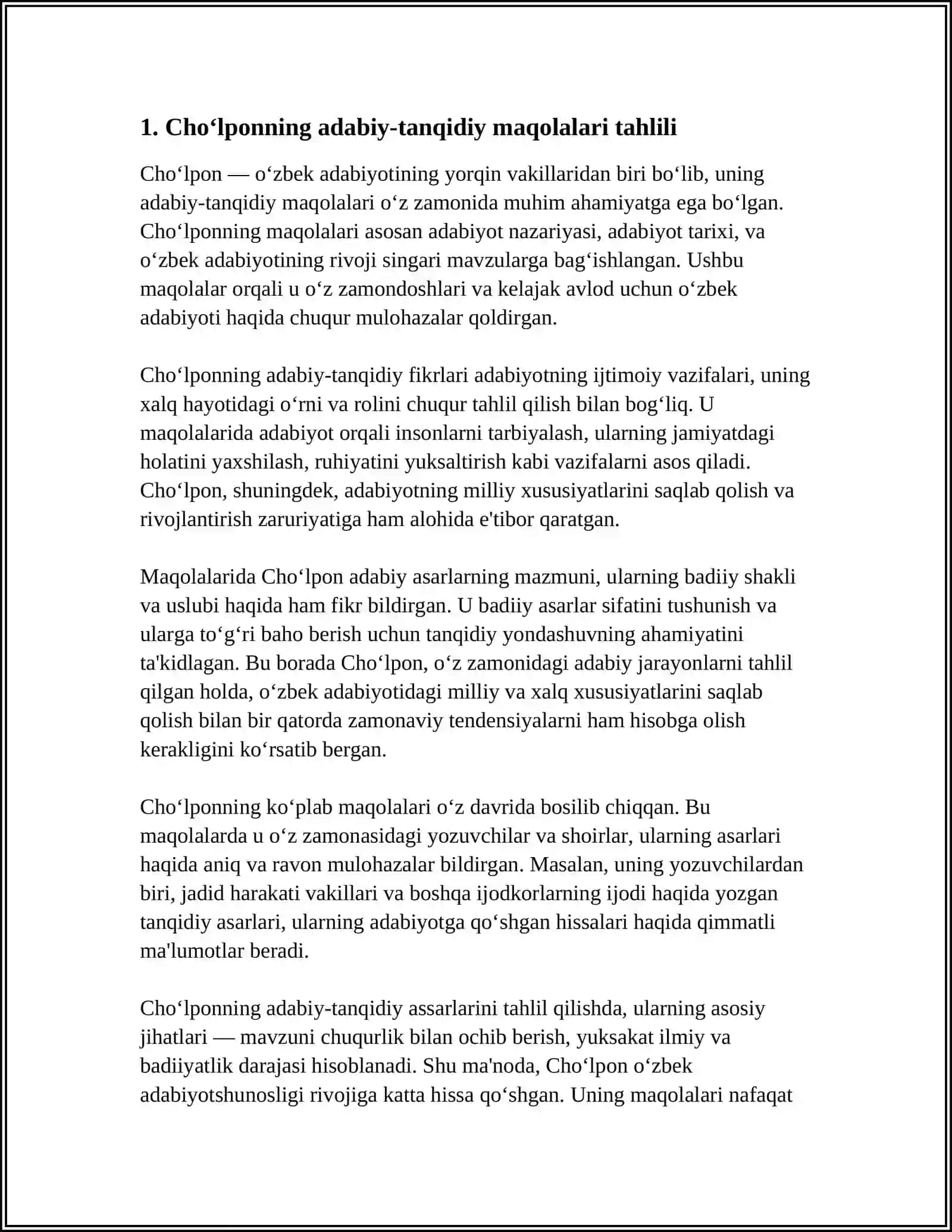 CHO'LPONNING ADABIY-TANQIDIY MAQOLALARNI O'QIB O'RGANISH.OG'ZAKI VA YOZMA ADABIYOT NAMUNALARINI TAHLILI 3