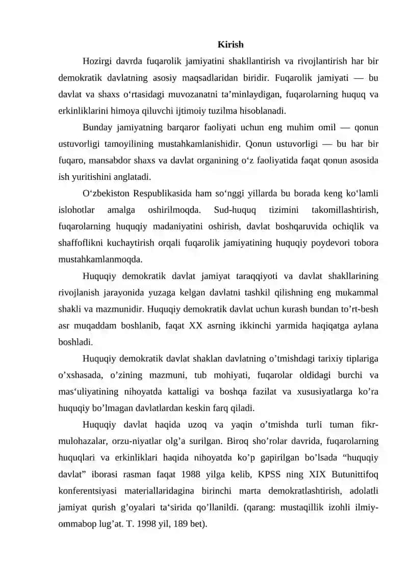 Fuqarolik jamiyati qurishda qonun ustuvorligi tamoyilining mustahkamlanishi. 3