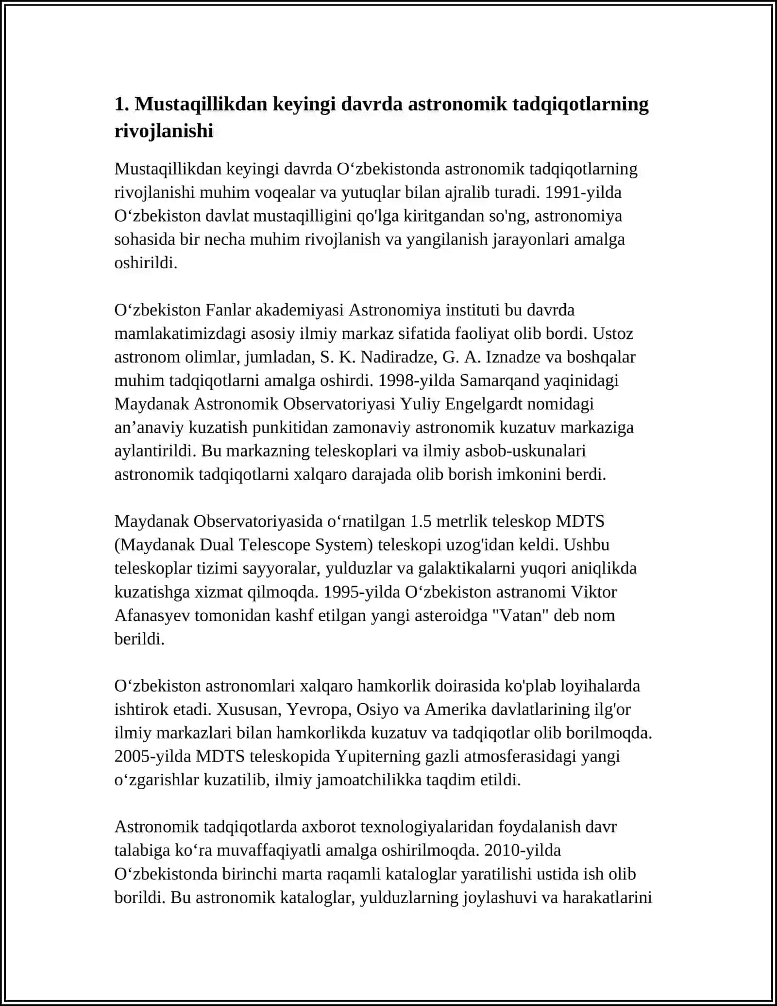 O‘zbekiston Mustaqillikka Erishgandan Keyingi Astronomiyani Rivojlanshi 3