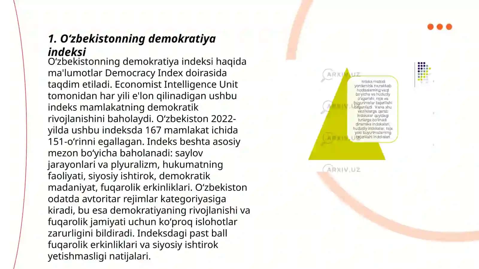Oʻzbekistonning “Jahon mamlakatlari demokratsiyasi indeksi “ belgilangan oʻrni 3