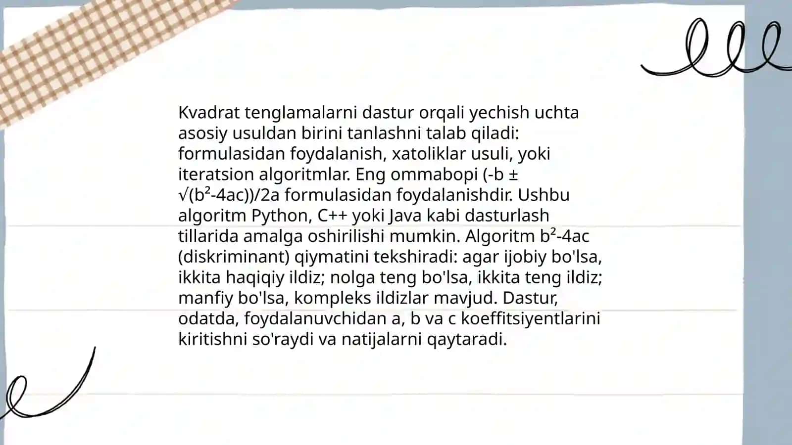 Algebraik va transendent tenglamalarning dastur orqali yechimini olish: kvadrat tenglamani yechish dasturi 3