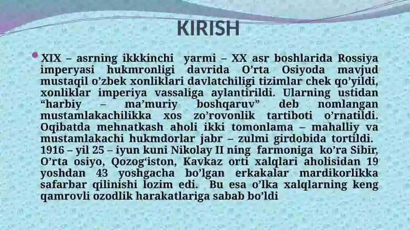 BIRINCHI JAHON URUSHINING TURKISTON O’LKASIGA TA’SIRI.1916-YIL MILLIY-OZODLIK HARAKATI 3