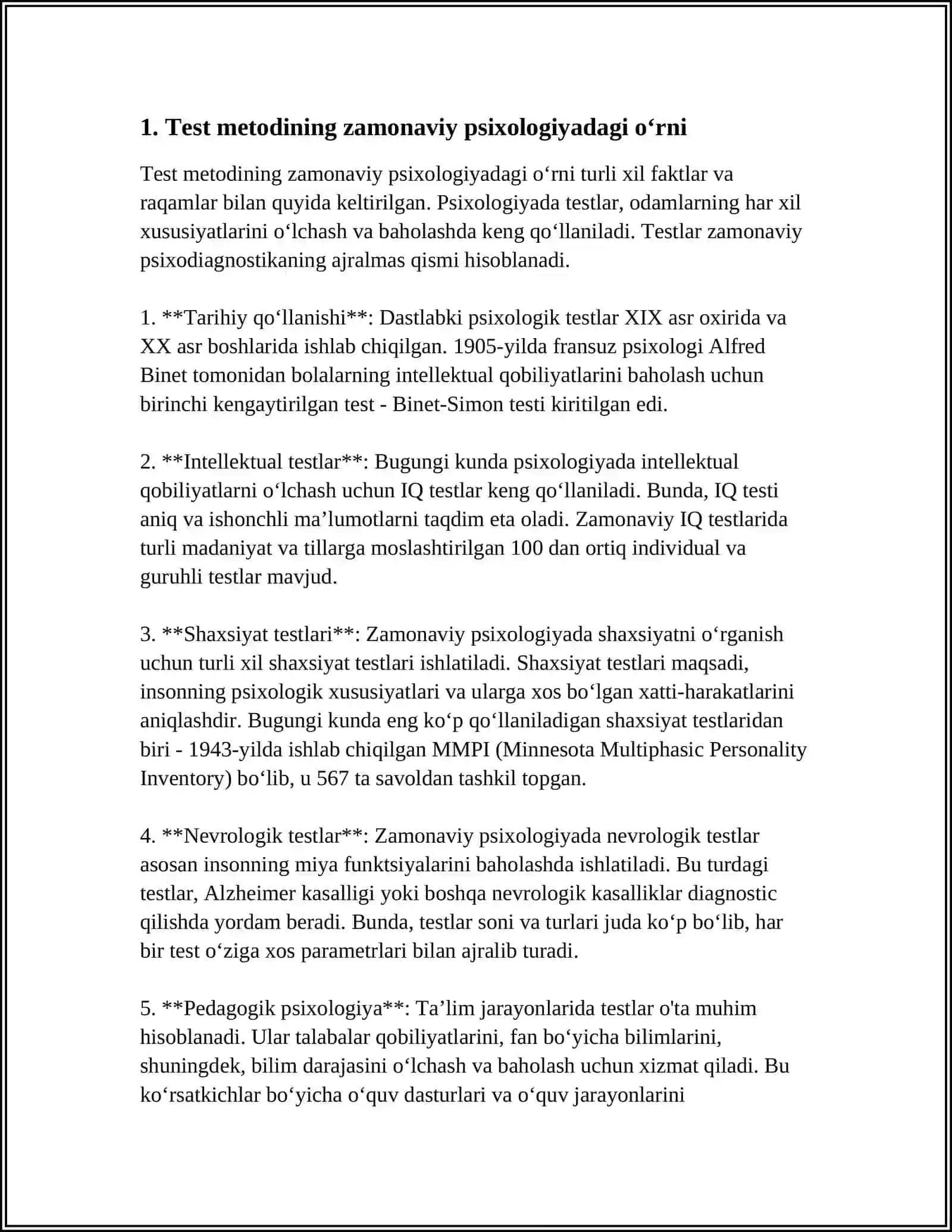 ZAMONAVIY PSIXOLOGIYA TARMOQLARIDA TADQIQOT METODLARINI QO‘LLANISHI. TEST METODI 3