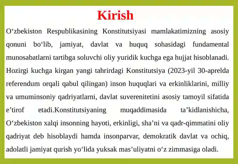 O‘ZBEKISTON RESPUBLIKASINING KONSTITUTSIYASIDA JAMIYAT, DAVLAT VA HUQUQ MASALALARI 3