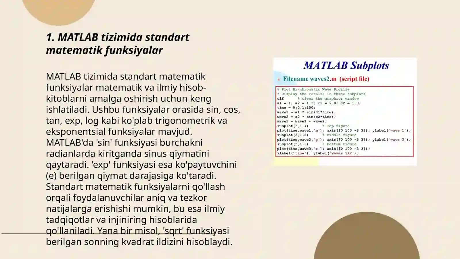 MATLAB tizimida standart funksiyalar bilan ishlash 3
