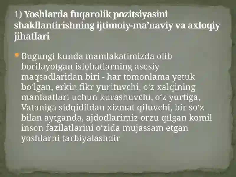 O‘zbekistonda yoshlarga oid davlat siyosati va asosiy mazmuni. Barkamol avlodni tarbiyalashning asosiy  yo‘nalishlaRi 3
