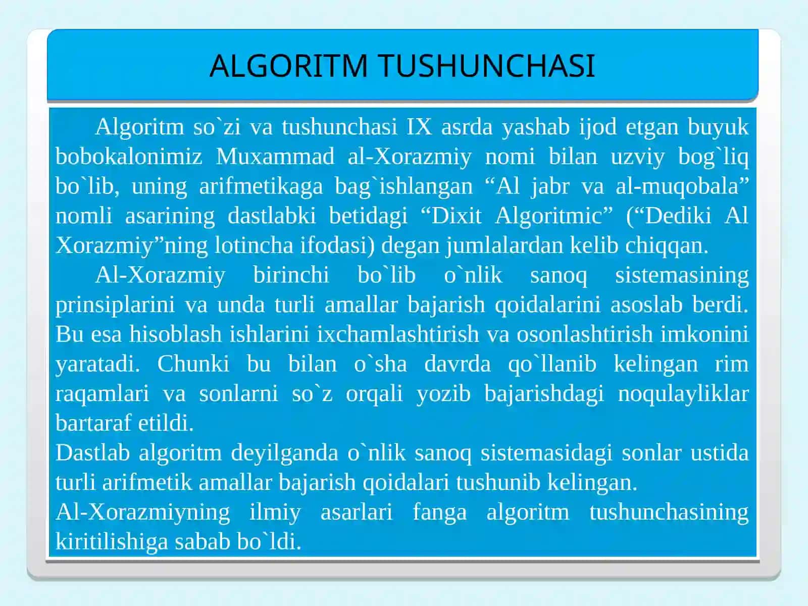 Algoritmlash asoslari, ularning turlari va tasvirlash usullari 3