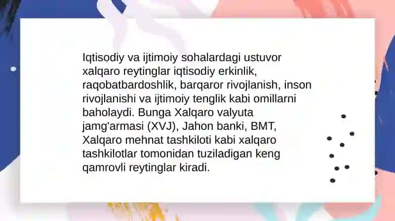 Iqtisodiy va ijtimoiy sohadagi ustuvor xalqaro reytinglar va ularga O’zbekistonning integratsiyalashuvi 3