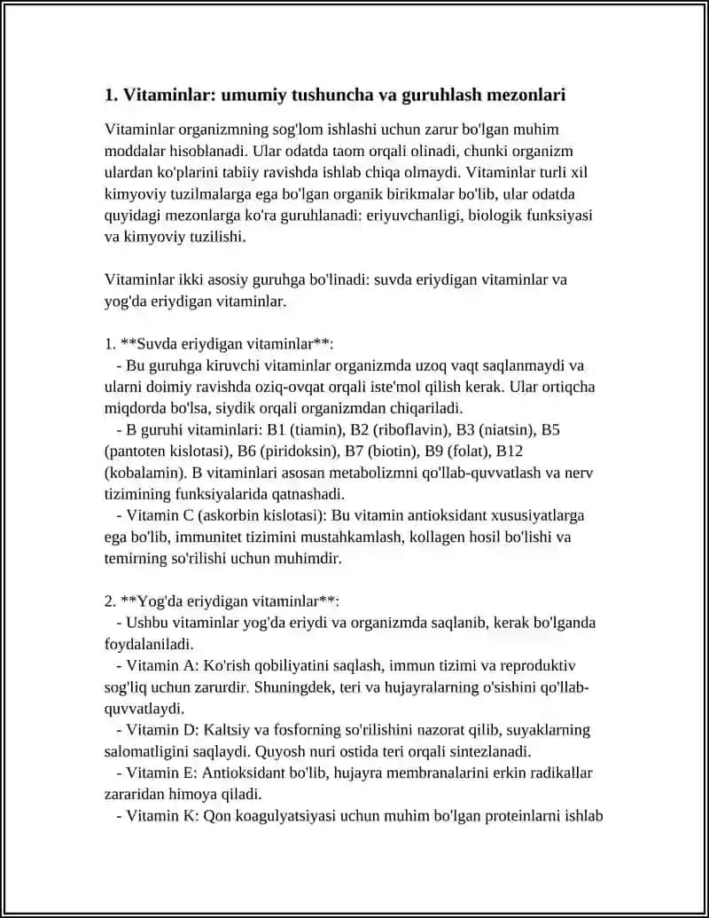 VITAMIN GURUHLARI,TURLARIVA ULARGA TARIF.S VITAMINLI TARKIBI BOYICHA OVQATLANISH ABYEKTIVLIGINI ORGANISH VA BAHOLASH 3