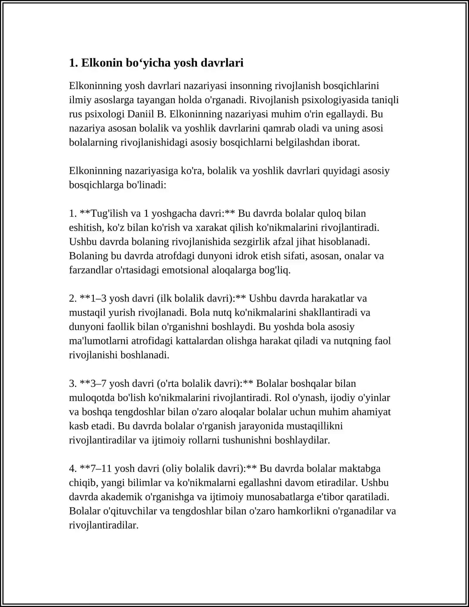 ELKONIN BO‘YICHA YOSH DAVRLARI; YOSH DAVRLARIDAGI INQIROZLAR; GO‘DAK VA MULOQOT; CHAQALOQLIK DAVRIDA HIS-TUYG‘UNING O‘SISHI; 3