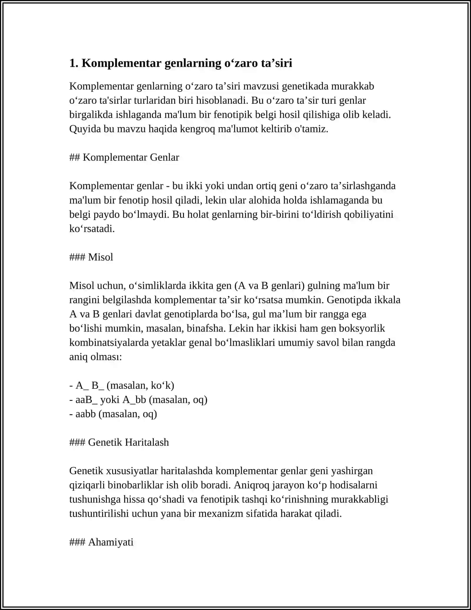 ALLEL BO‘LMAGA GENLARNING O‘ZARO TA‘SIRINING KOMPLEMENTAR TIPIDA BELGILARNING IRSIYLANISHI 3