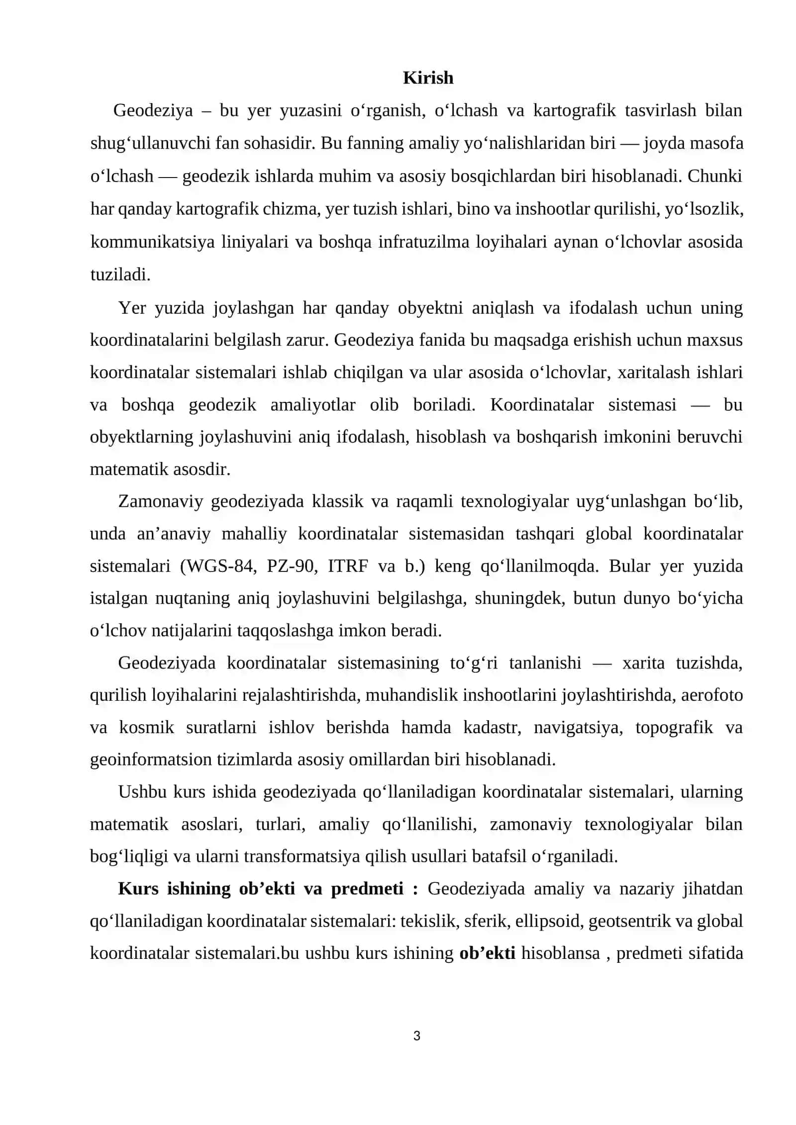“Geodeziyada qo‘llaniladigan koordinatalar sistemasi” kurs ishi 3
