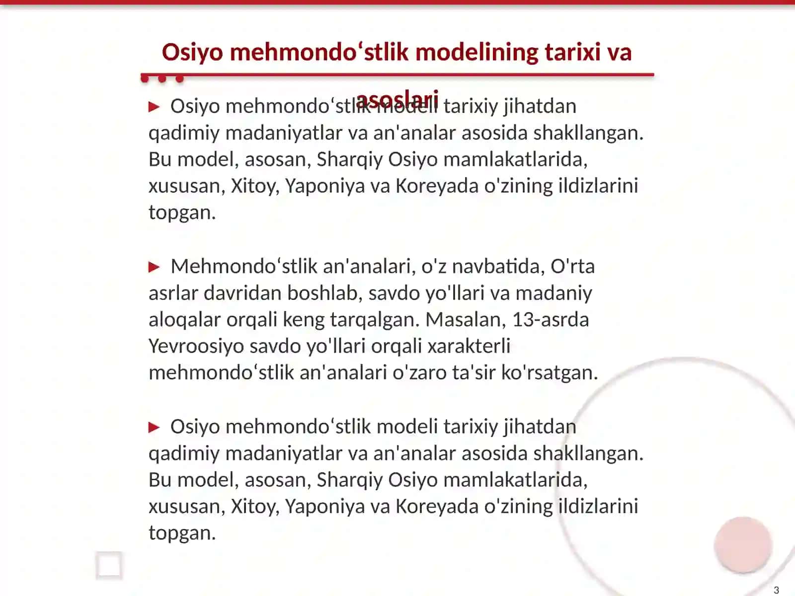 Osiyo mehmondoʻstlik modelining rivojlanish ustuvorlik lari va xususiyatlari 3