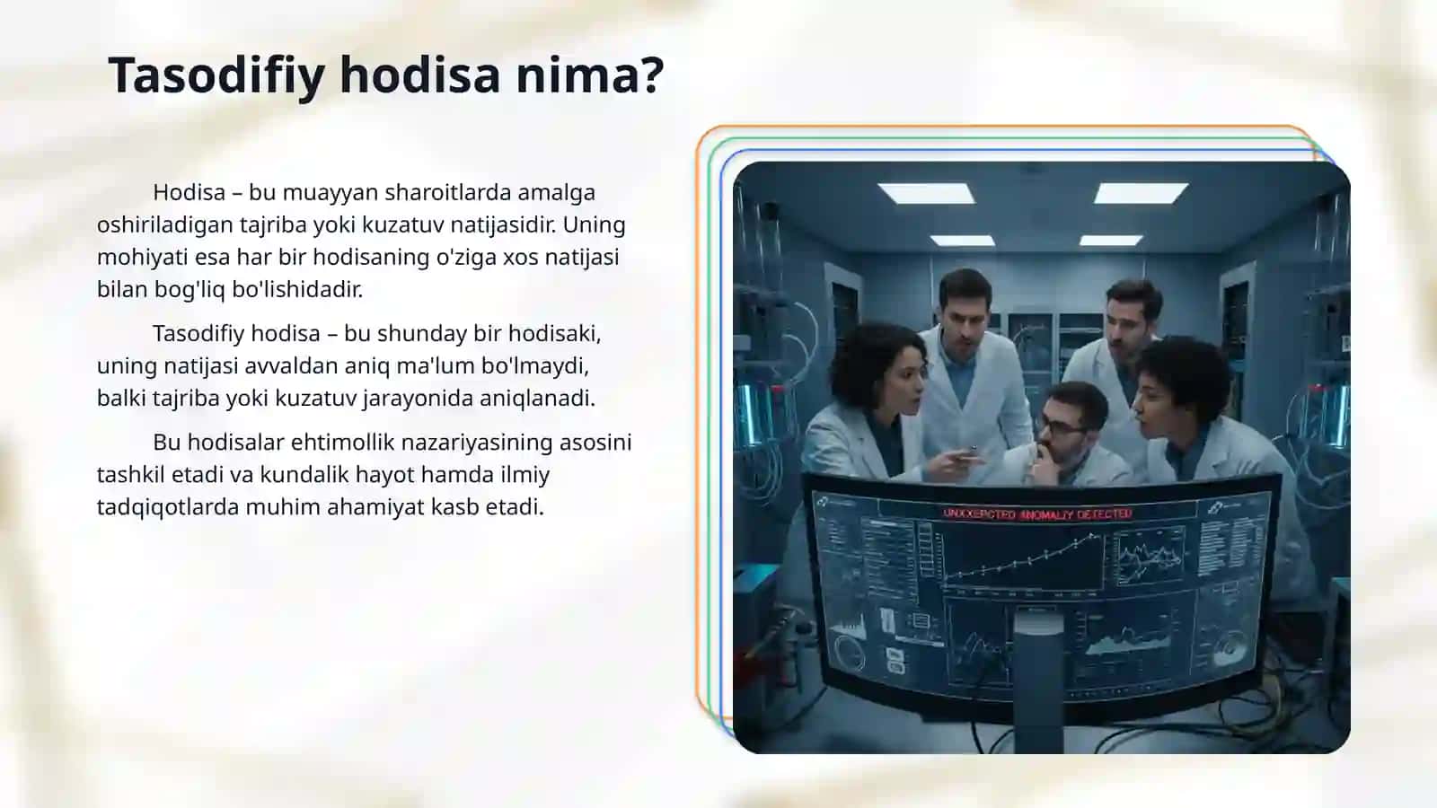 Tasodifiy hodisalar va ularning turlari 5 ta  hodisani  yozing va ularni mumkin, Munkun emas  tasodifiy  hodisaga ajrating 3