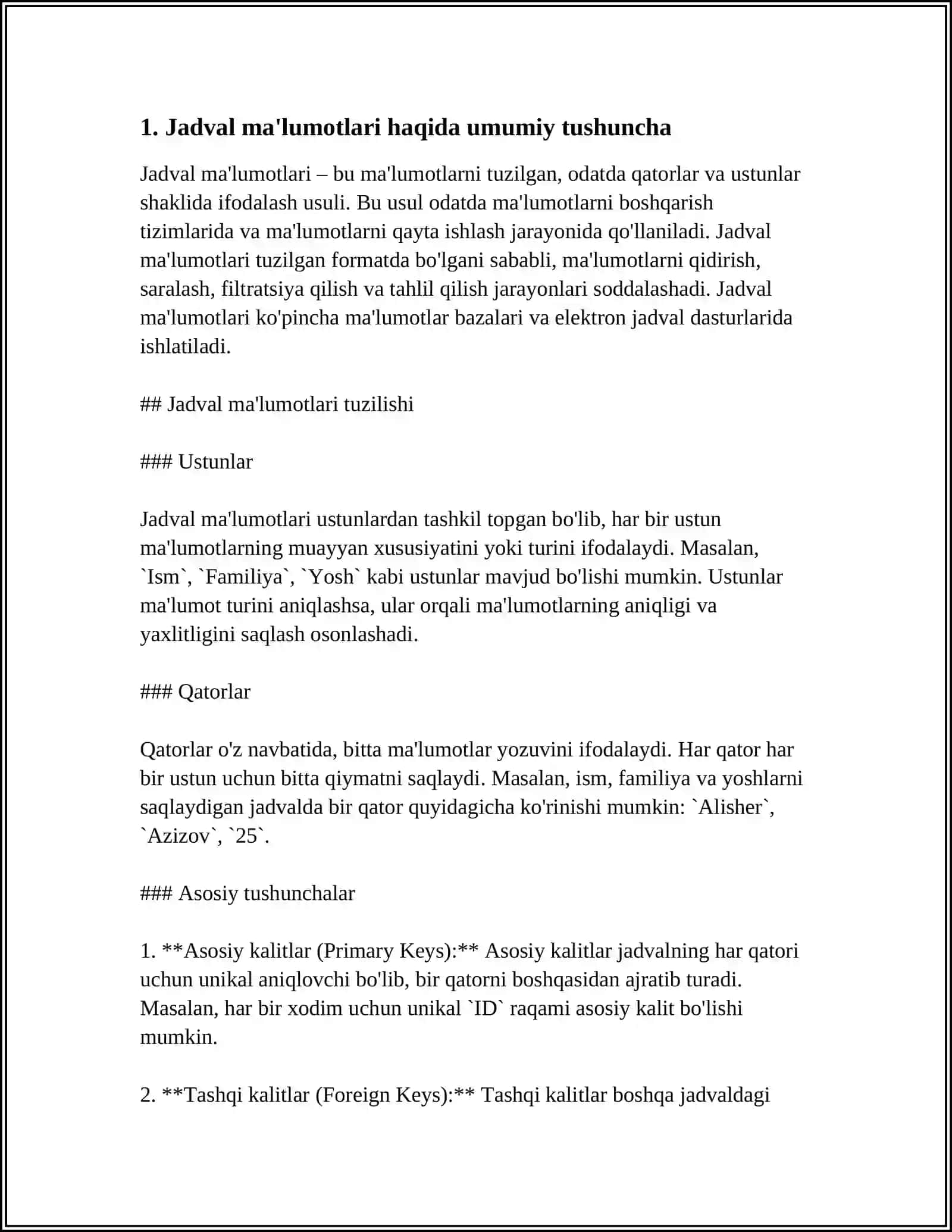 JADVAL MAʼLUMOTLARI VA ULARNI QAYTA ISHLASH DASTURLARI 3