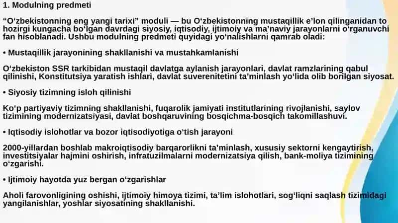 “O‘zbekistonning eng yangi tarixi” modulining predmeti, vazifalari va nazariy-metodologik tamoyillari 3